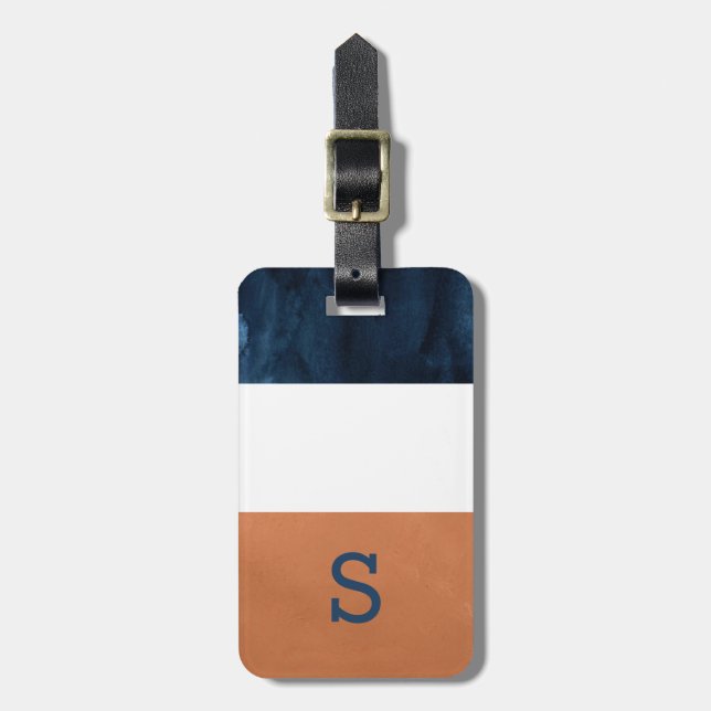 Farbblock Navy Blue, Orange Monogram, Gepäckmarke Gepäckanhänger (Vorderseite vertikal)