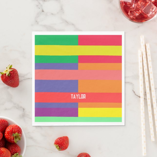 Farbblock Streifen Monogramm Name Regenbogen Serviette (Beispiel)