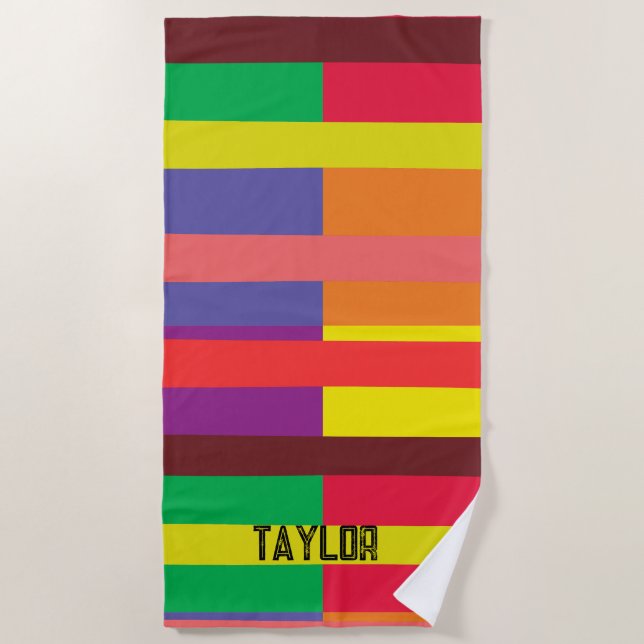 Farbblock Streifen Monogramm Name Regenbogen Strandtuch (Vorderseite)
