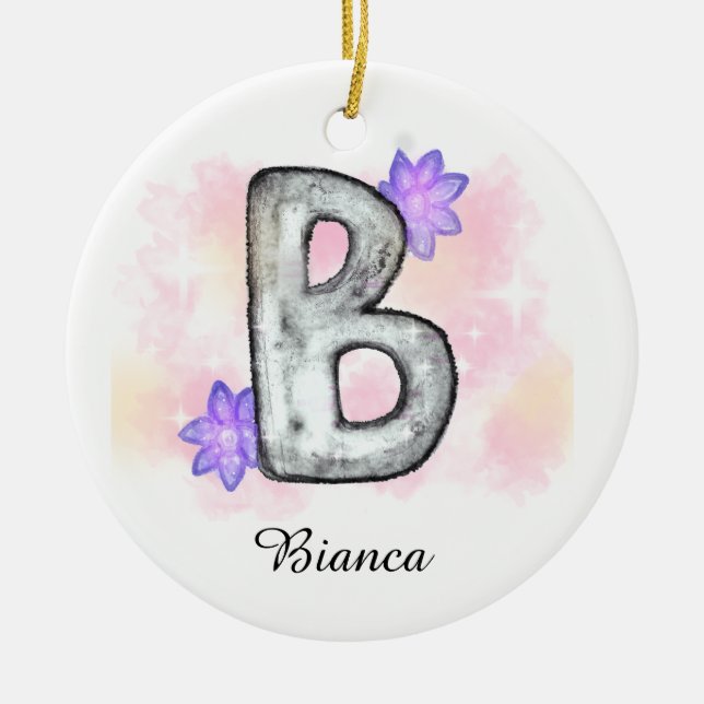 Farbbrief B mit violetten Blumen Keramik Ornament (Vorne)