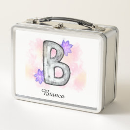Farbbrief B mit violetten Blumen Metall Brotdose