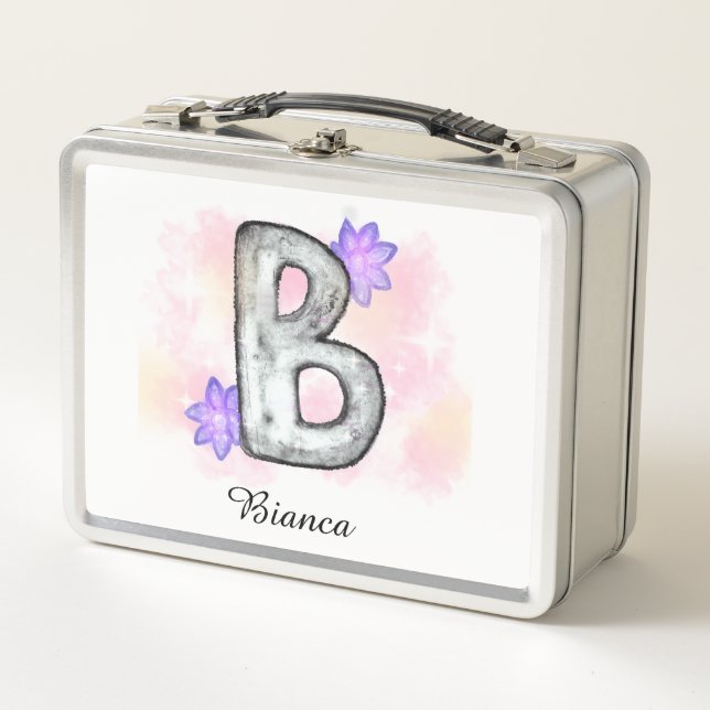 Farbbrief B mit violetten Blumen Metall Brotdose (Vorderseite)