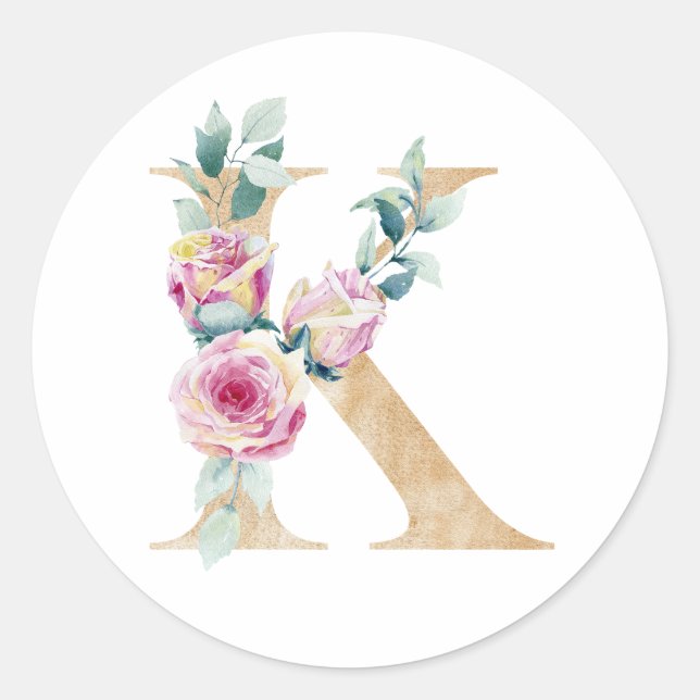 Farbbrief K mit Rose Runder Aufkleber (Vorderseite)