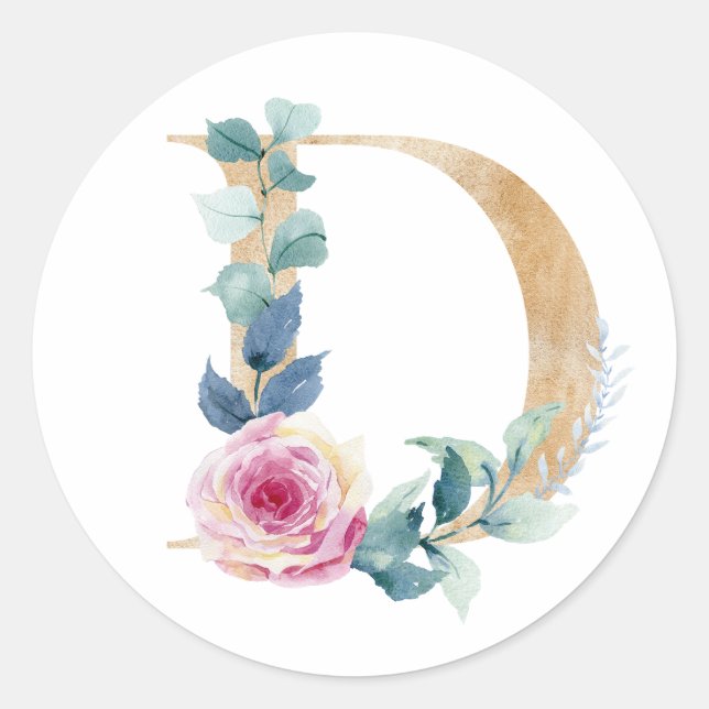 Farbbuchstabe D mit Rose Runder Aufkleber (Vorderseite)