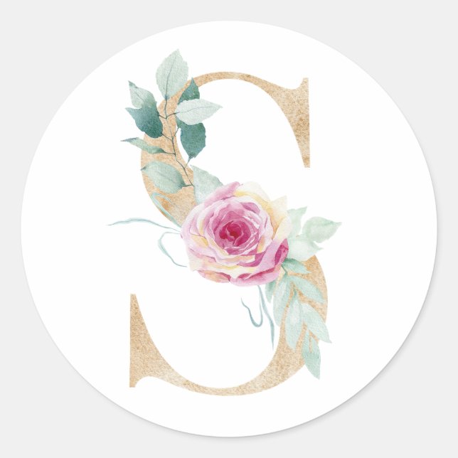 Farbbuchstabe S mit Rose Runder Aufkleber (Vorderseite)