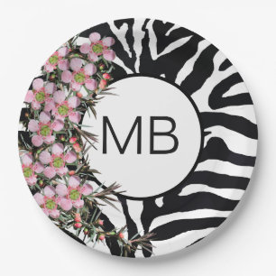 Farbdruckpink Wild Blume Monogramm Schwarz-weiß Pappteller