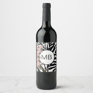 Farbdruckpink Wild Blume Monogramm Schwarz-weiß Weinetikett