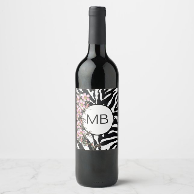 Farbdruckpink Wild Blume Monogramm Schwarz-weiß Weinetikett (Vorderseite)