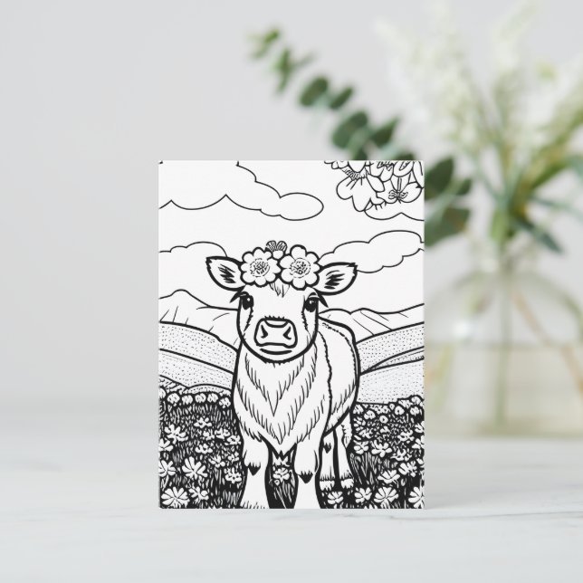 Farbe dein eigenes! Hochlandkuhkalb in Blume Postkarte (Stehend Vorderseite)