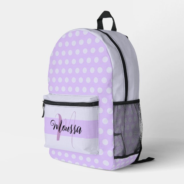 Farbe des ästhetischen Lavendels - Anfangsname Mon Bedruckter Rucksack (Rückseitige Ecke Rechts)