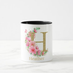 Farbe Gold und Blütenmonogramm Buchstabe H Tasse