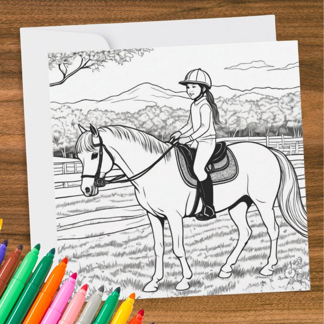 Farbe im Bild Reiten bei Girl Karte (A greeting card with picture to color, of a girl riding a pony in a paddock)