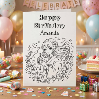 Färbe mich | Anime-Mädchen und Cupcake Geburtstag Karte