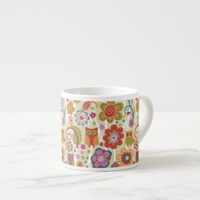 Farbe mit Blumen und Eule Espressotasse (Vorderseite Rechts)