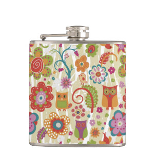 Farbe mit Blumen und Eule Flachmann