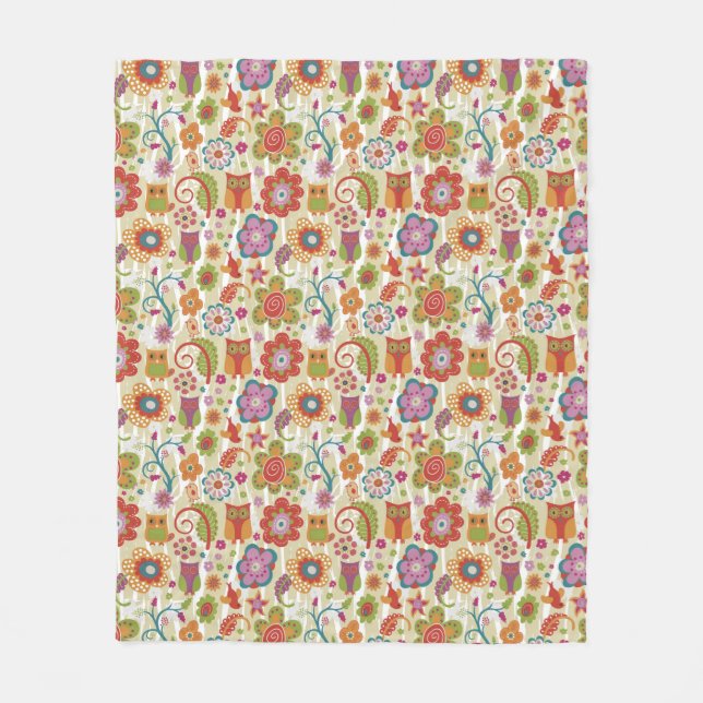 Farbe mit Blumen und Eule Fleecedecke (Vorderseite)