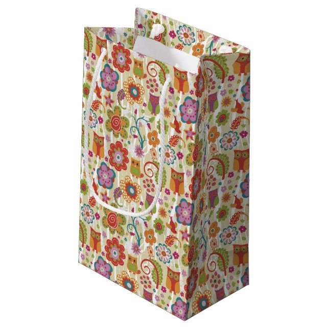 Farbe mit Blumen und Eule Kleine Geschenktüte (Rückseite Schrägansicht)