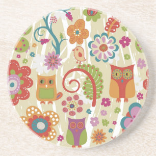 Farbe mit Blumen und Eule Sandstein Untersetzer