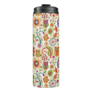 Farbe mit Blumen und Eule Thermosbecher