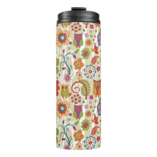 Farbe mit Blumen und Eule Thermosbecher (Vorderseite)