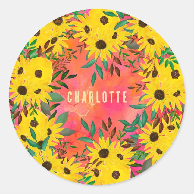 Farbe Sonnenblumen Blumenmuster Rosa + Name Runder Aufkleber (Vorderseite)