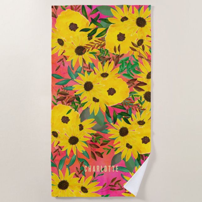 Farbe Sonnenblumen Blumenmuster Rosa + Name Strandtuch (Vorderseite)