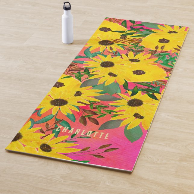 Farbe Sonnenblumen Blumenmuster Rosa + Name Yogamatte (Beispiel)