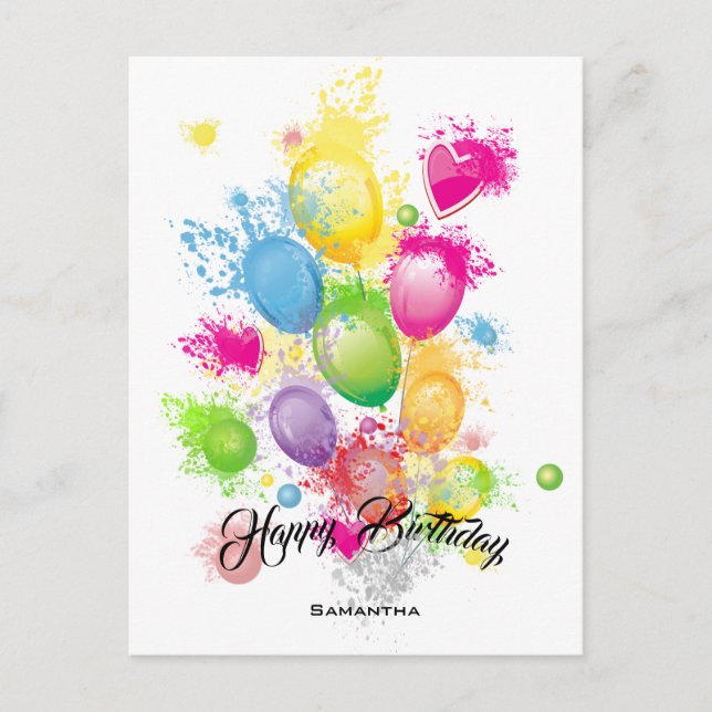 Farbe Splash Birthday Balloons Postkarte (Vorderseite)