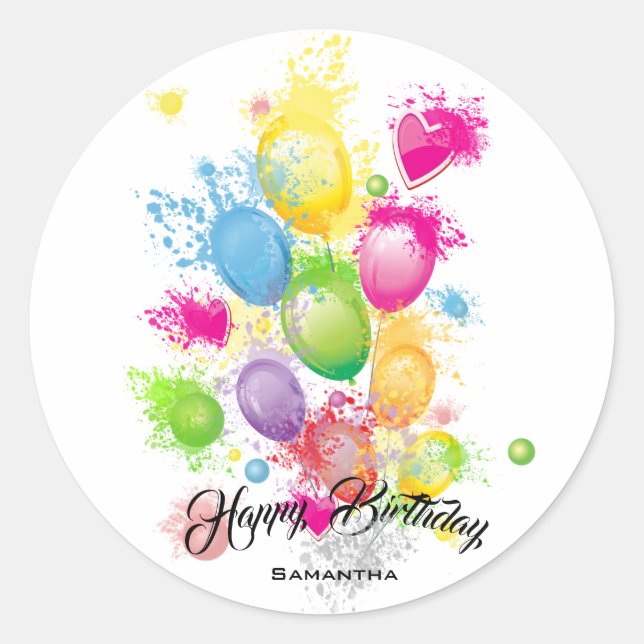 Farbe Splash Birthday Balloons Runder Aufkleber (Vorderseite)