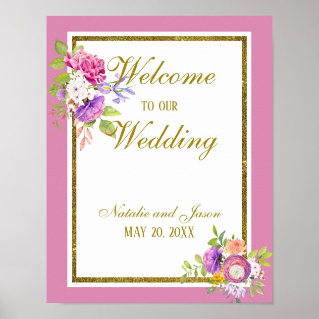 Farben aus Rosa und Gold und Blumen - Willkommen Poster (Vorne)