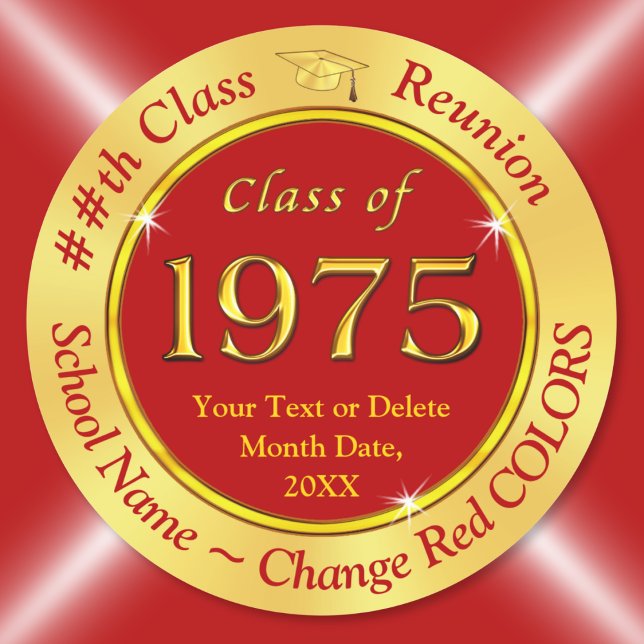 FARBEN, Rot und Gold-WANDEL, Klasse 1975, Runder Aufkleber (Class of 1975 stickers. Class of 75 decorations. Red Gold, Class of 1975 reunion ideas. 1975 Sticker)