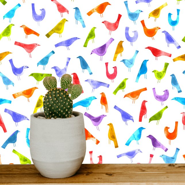 Farben Vögel Wasserfarben Kunst Tapete (Bright rainbow hued bird pattern wallpaper)