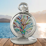Farbenbaum Taschenuhr<br><div class="desc">Diese einzigartige Taschenuhr ist mit einem farbenfrohen Mosaikbaumdesign dekoriert. Original Mosaik © Michele Davies.</div>