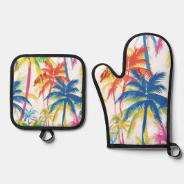 FARBENE TROPISCHE RETRO-PALMBÄUME OFENHANDSCHUH & Topflappen-Set