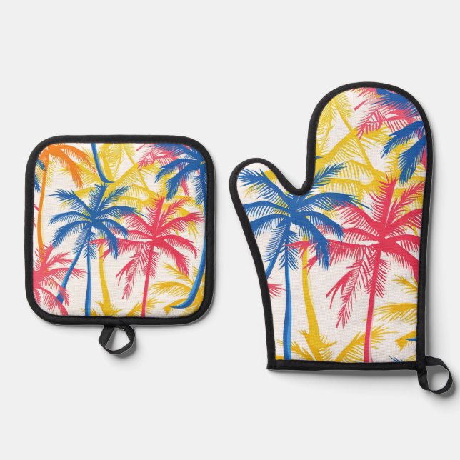 FARBENE TROPISCHE RETRO-PALMBÄUME OFENHANDSCHUH & Topflappen-Set (Vorderseite)