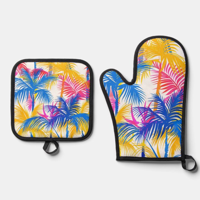 FARBENE TROPISCHE RETRO-PALMBÄUME OFENHANDSCHUH & Topflappen-Set (Vorderseite)