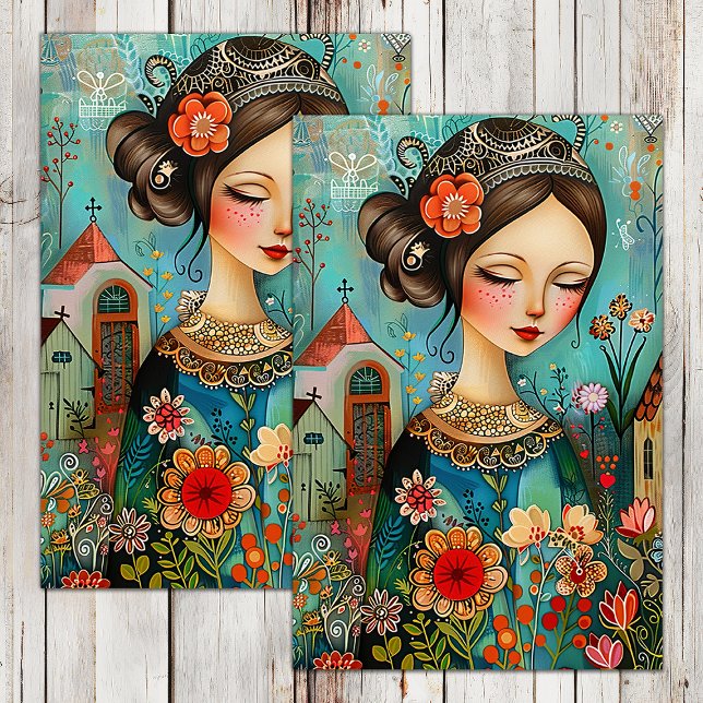 FARBENES BLUMENMÄDCHEN IM FRÜHJAHRE GARTENDEKOUPAG SEIDENPAPIER (COLORFUL FLOWER GIRL IN SPRING GARDEN DECOUPAGE TISSUE PAPER)