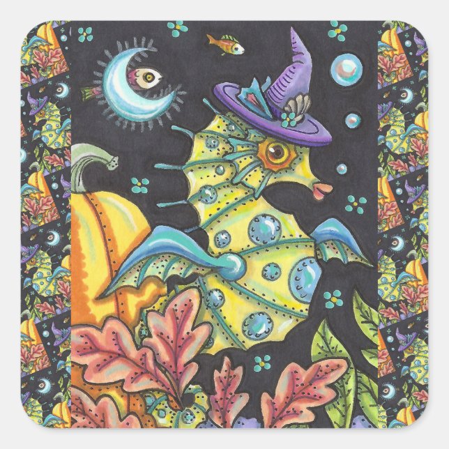 FARBENES FANTASY SEEPFERD, WITCH IM HALLOWEEN MEER QUADRATISCHER AUFKLEBER (Vorderseite)