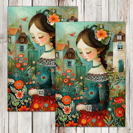 FARBENES MÄDCHEN IN GARTEN MIT BLUME DEKOUPAGE SEIDENPAPIER