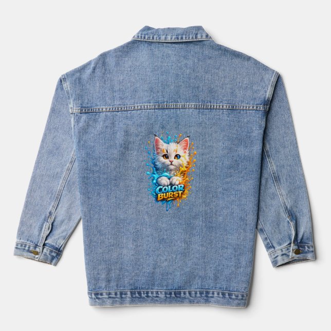 Farbenexplosion Katze – Lebendige Farbspritzer Den Jeansjacke (Rückseite)