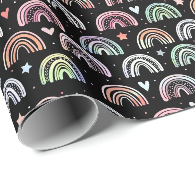 Farbenfarbenes Regenbogenbogenmuster auf schwarz Geschenkpapier (Rolleneckpunkt)