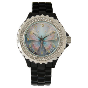 Farbenflüstern: Pastell-Fraktal-Schmetterlingstrau Armbanduhr