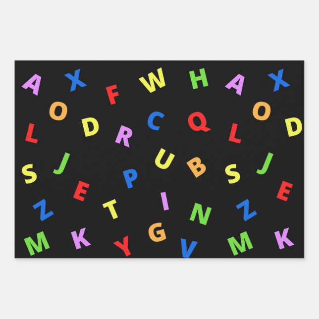 Farbenfroh Alphabet auf schwarzem Hintergrund Geschenkpapier Set (Vorderseite)
