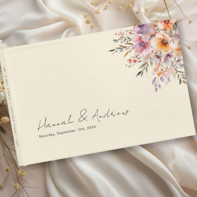 Farbenfroh, Blume Bouquet, Wedge, Beige Gästebuch (Colorful, Flower Bouquet, Beige Wedding Guest Book with your name and date.)