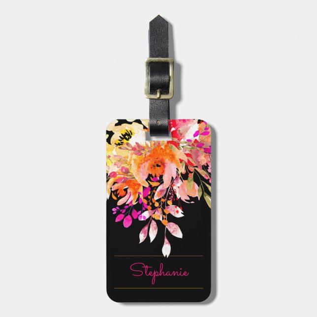 Farbenfroh, hell rosa, orange, floralfarbene Wasse Gepäckanhänger (Vorderseite vertikal)