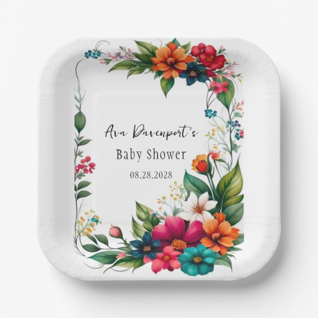 Farbenfroh lebendes Florals Baby in Blütendusche Pappteller (Vorderseite)