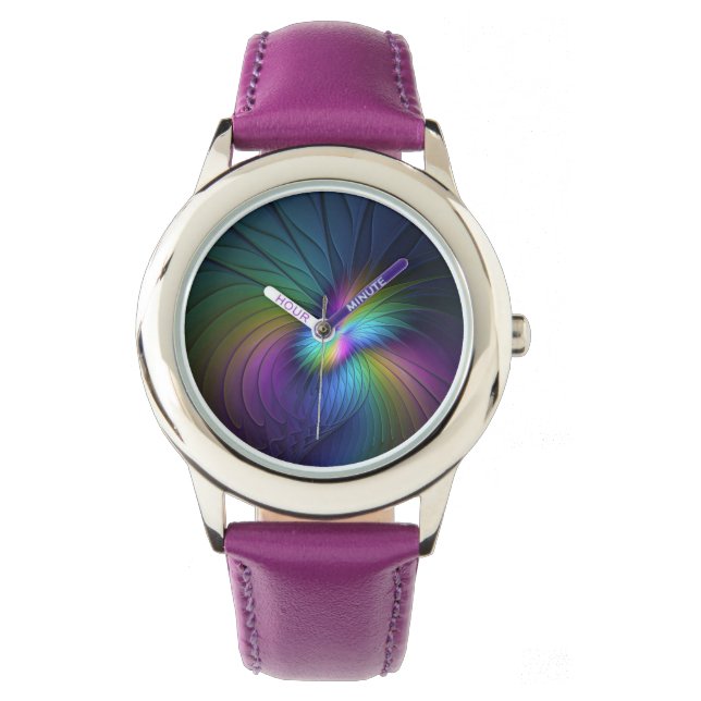 Farbenfroh mit blauem, modernem Abstraktem Fraktal Armbanduhr (Vorderseite)