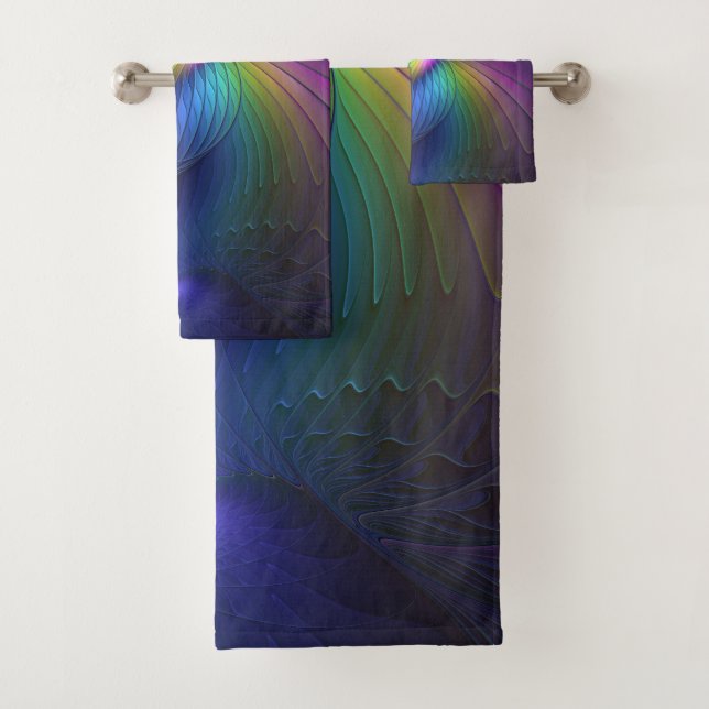 Farbenfroh mit blauem, modernem Abstraktem Fraktal Badhandtuch Set (Insitu)