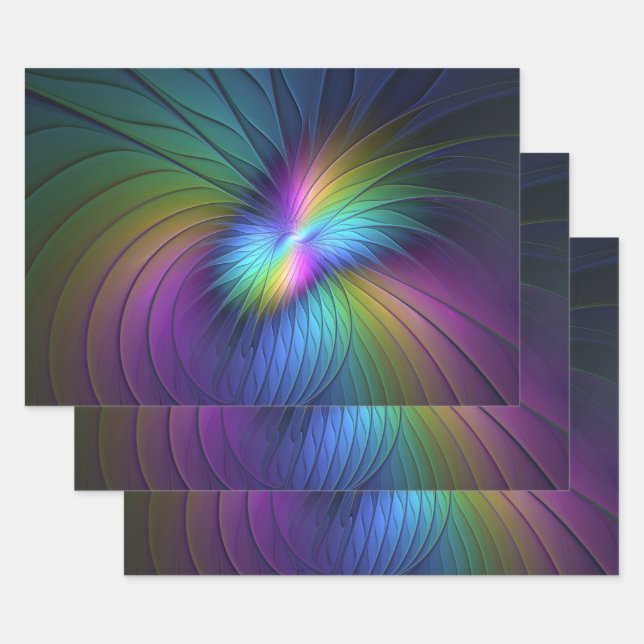 Farbenfroh mit blauem, modernem Abstraktem Fraktal Geschenkpapier Set (Set)