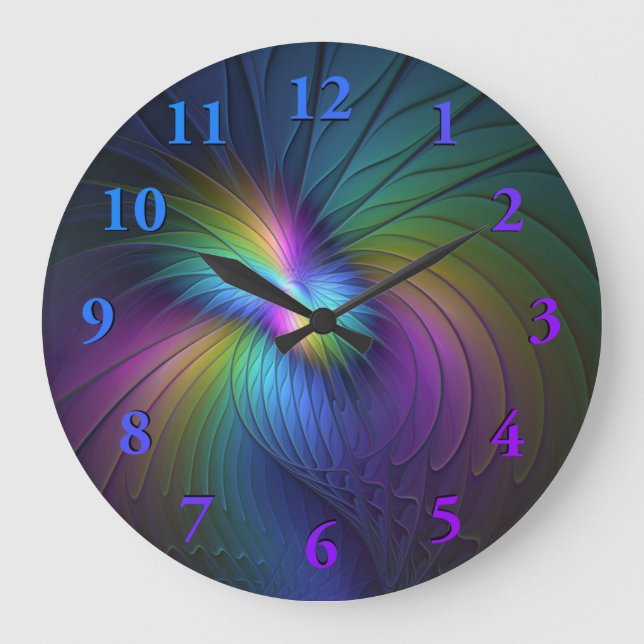 Farbenfroh mit blauem, modernem Abstraktem Fraktal Große Wanduhr (Vorderseite)